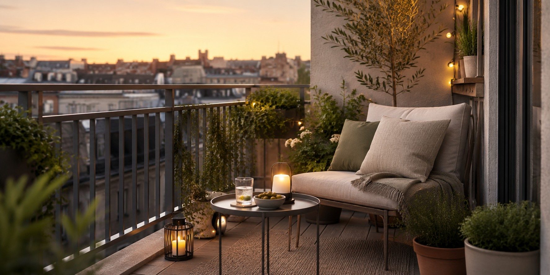 Abendstimmung auf gemütlichem Balkon